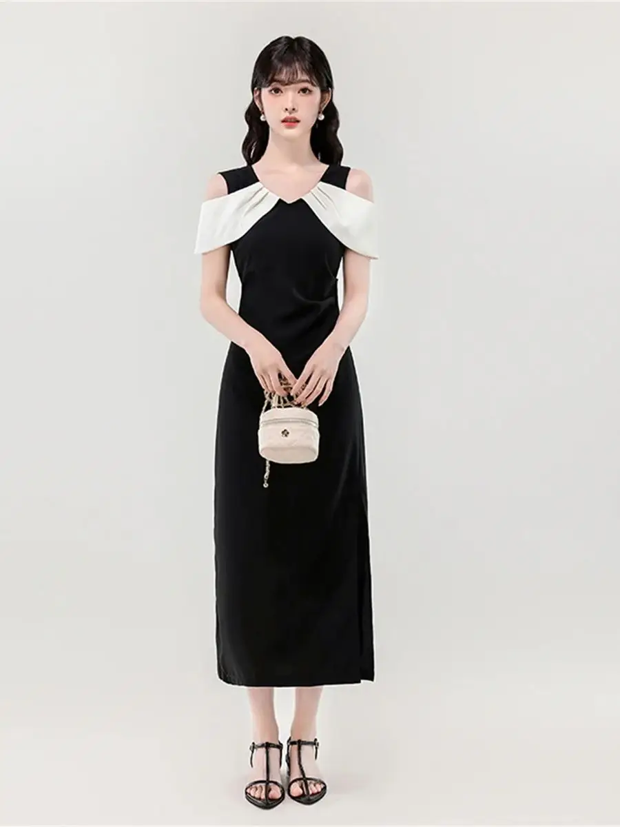 

Summer New Small Fragrant Wind Collision Color Strapless Sim Long Dresses Women's Slash neck Temperament Split Party Prom Dress