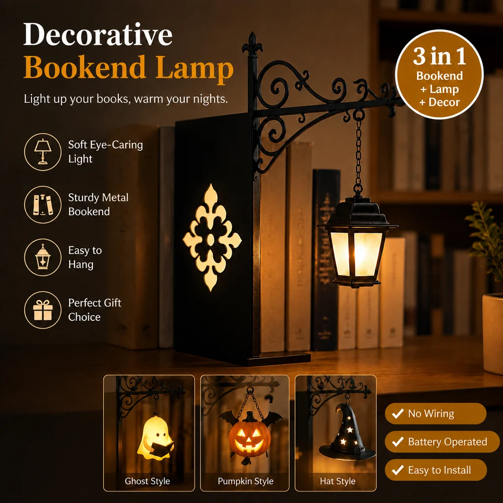 Library Lantern Decorative Bookshelf Light Vintage Wrought Iron Wall Hanging LED Lamp Ghost Pumpkin Lantern Halloween Home Decor