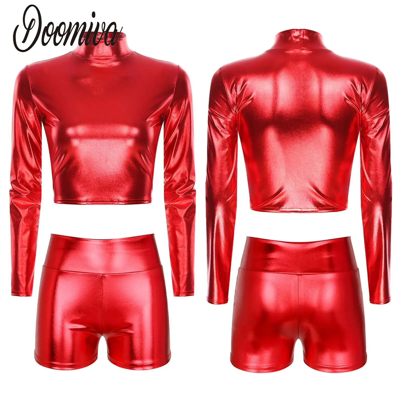 

Women Metallic Shiny Rave Dance Outfits Party Carnival Club Performance Costume Set Sexy Skinny Long Sleeve Crop Tops and Shorts