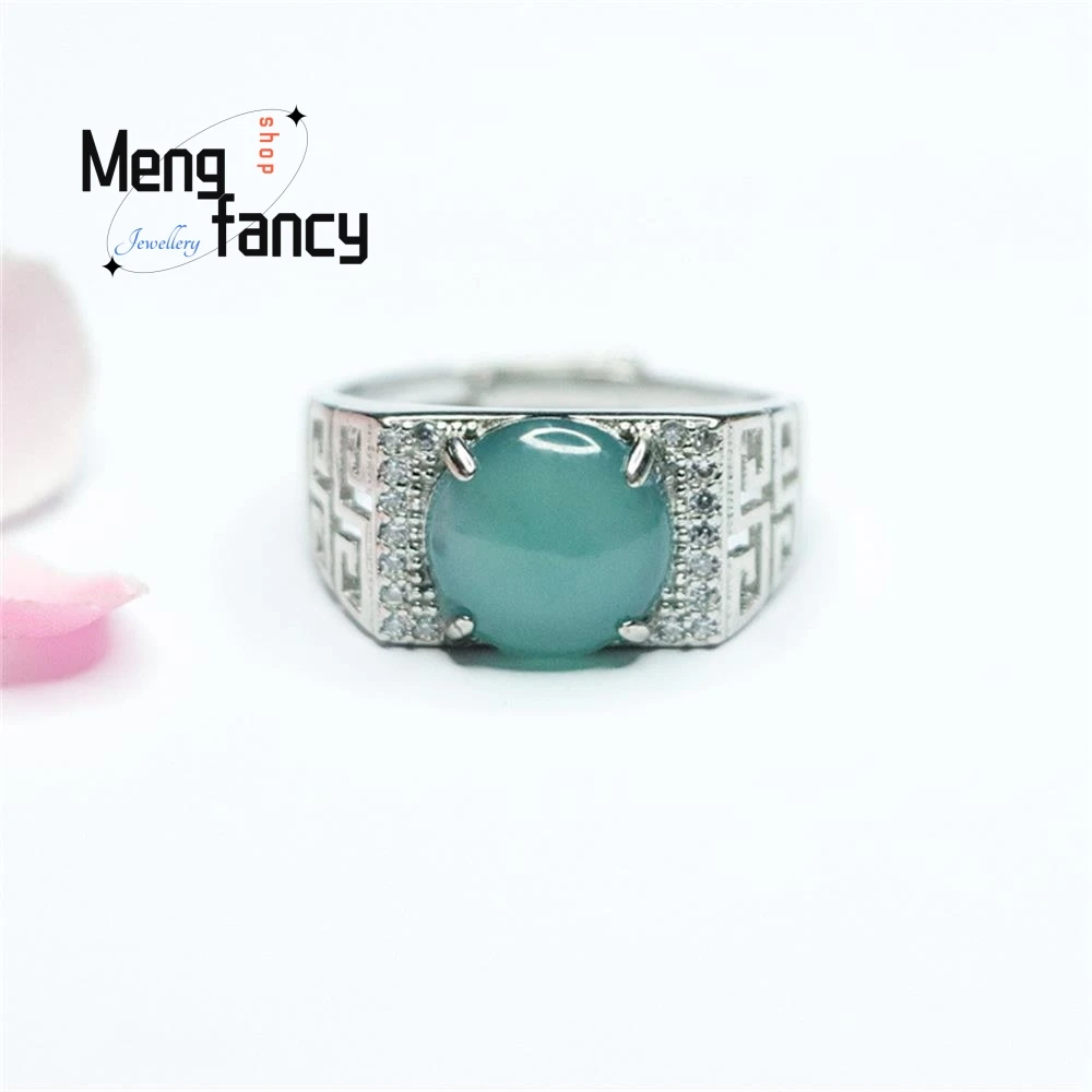 S925 Silver Lnlaid Icy Jadeite Blue Water Egg Surface Saddle Open Ring Exquisite Elegant Charm High-grade Luxury Quality Jewelry