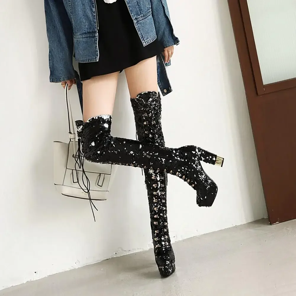 Sequined Women Over The Knee High Boots Super High Heels Platform Ladies Boots Party Wedding Shoes Woman Size 41 42 43