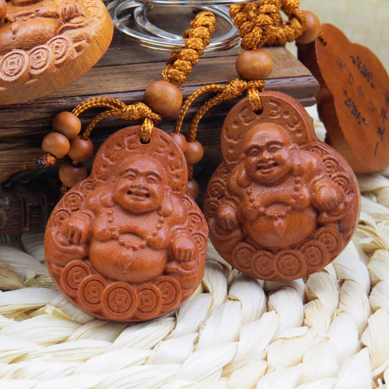 1PC Lucky Jewelry Buddhism Peach Wooden Carving Buckle Keyring Pendant Wood Engrave Pray Buddha Keychain For Car Bag Keyring