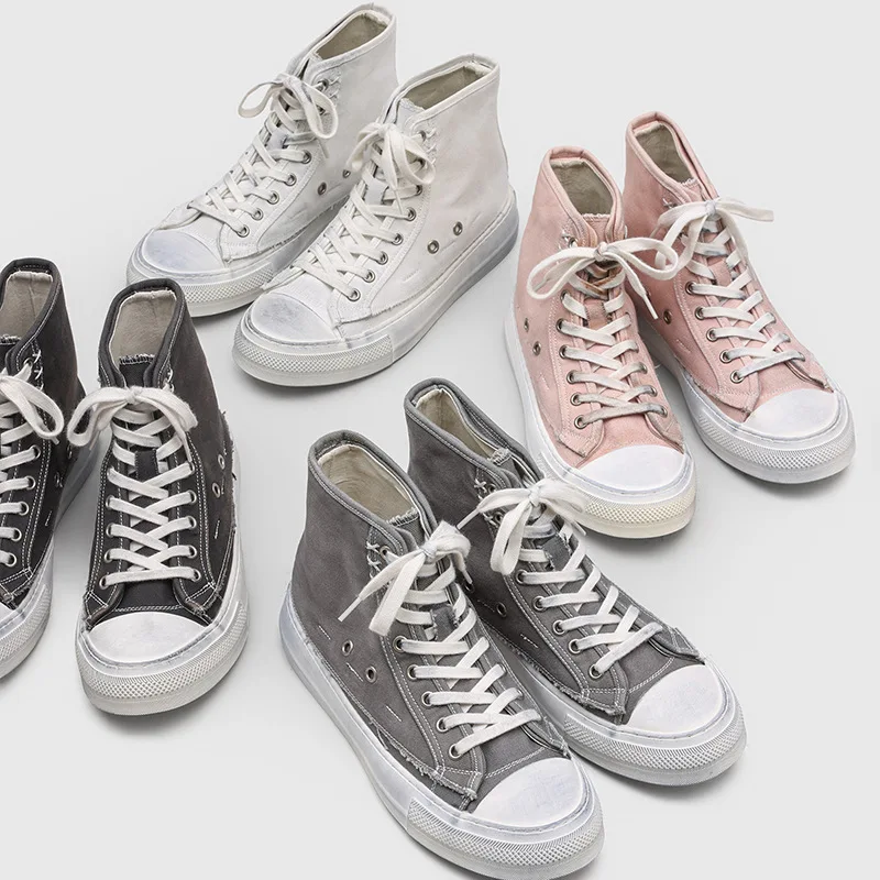 High Quality Men's Vintage Washed High Top Canvas Sneakers Distressed White Sole Casual Shoes for Men 2026 Streetwear Footwear