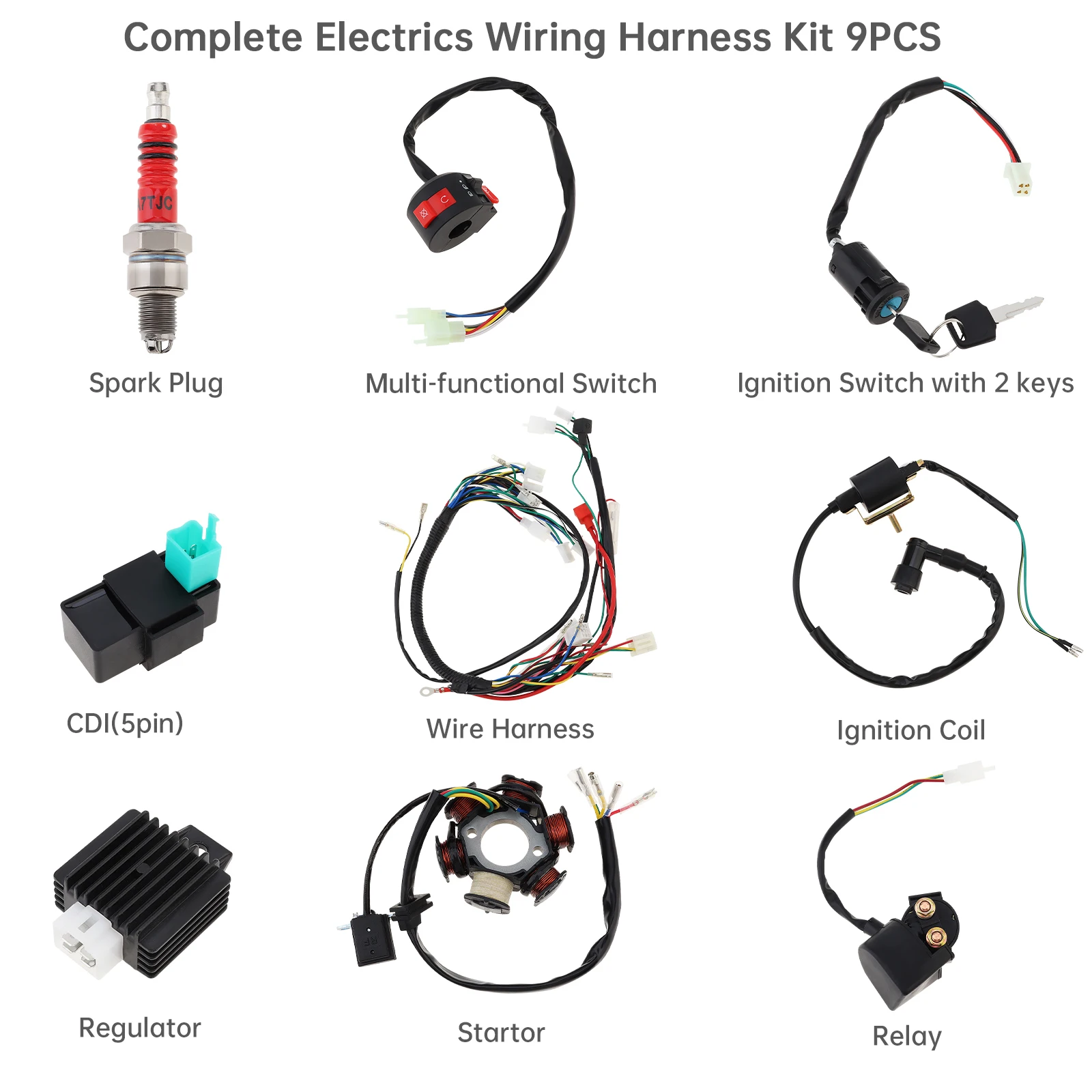 Motorcycle Ignition Coil CDI Solenoid Relay Wiring Harness for 4 Stroke 50cc 70cc 110cc 125cc ATV 4 Wheeler Quad Pit Dirt Bike