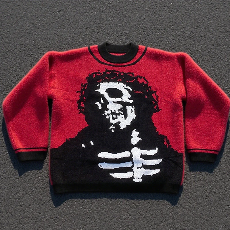 

Autumn and Winter Fashion Skull Pattern Red Sweater - Men's Hot Selling Street Clothing y2Kemo Gothic Warm Sweater