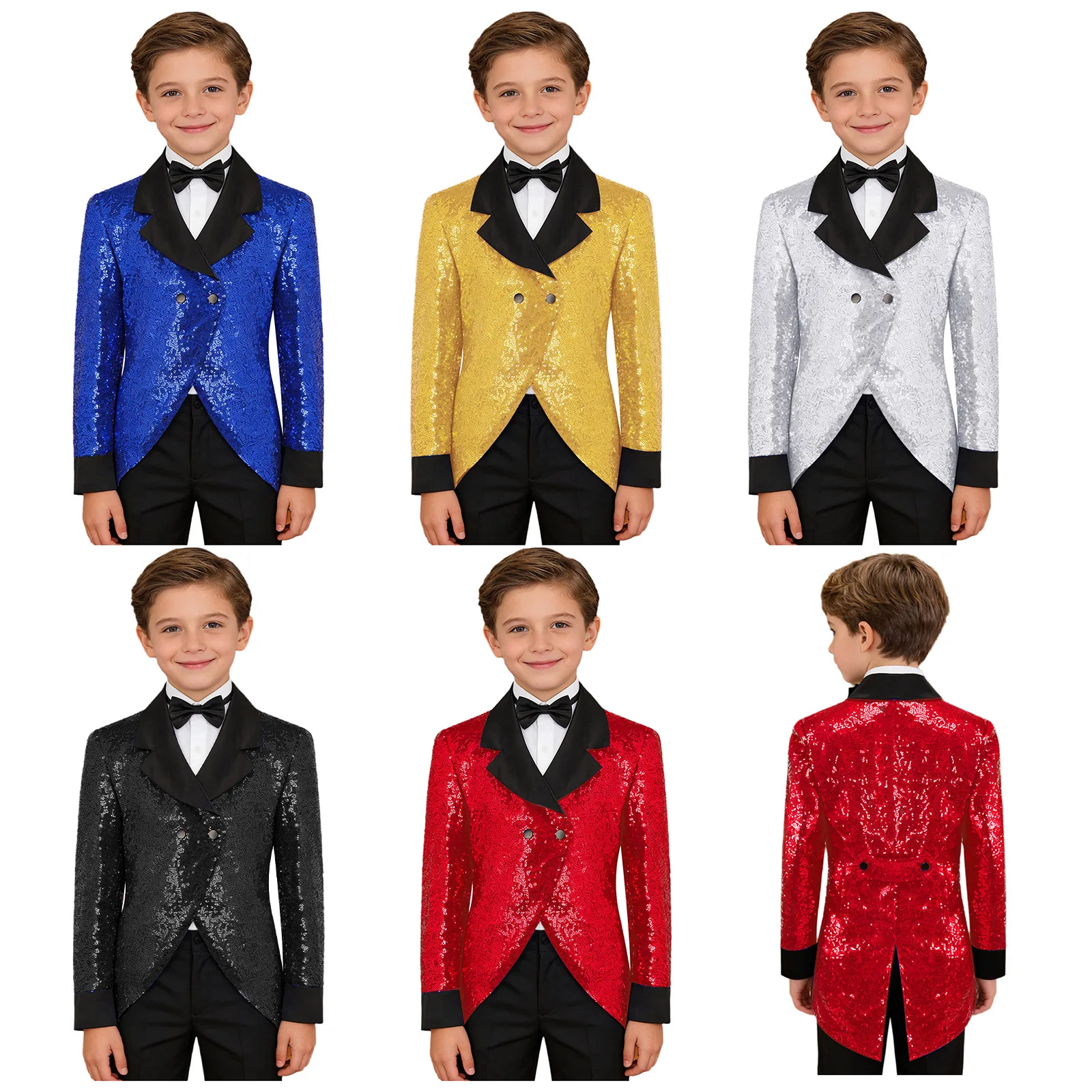 Kids Boys Gentleman Blazer Long Sleeve Sequin Wedding Dancing Party Tuxedo Jacket with Bowtie Circus Magic Shows Prince Costume