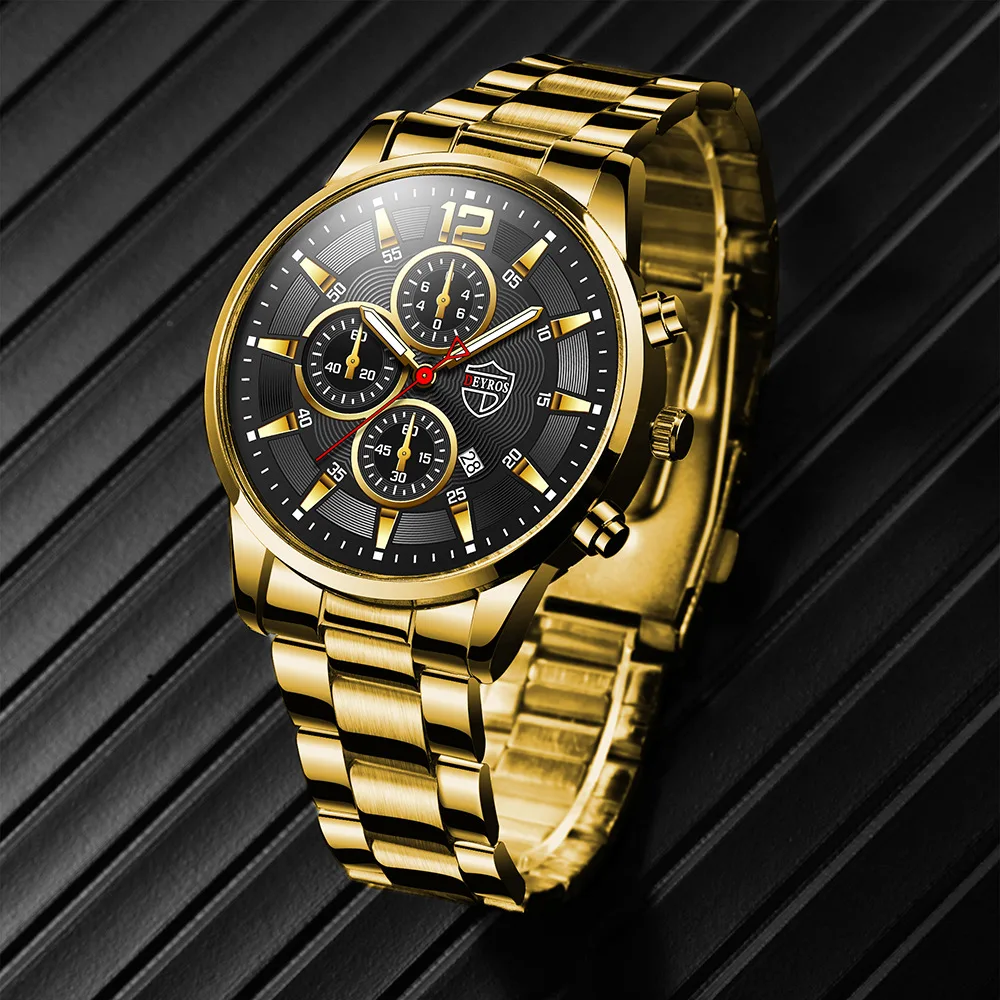 Reloj Hombre Luxury Men\'s Gold Three Piece Watches Set Mens Stainless Steel Calendar Business Watch Men Casual WishWatch