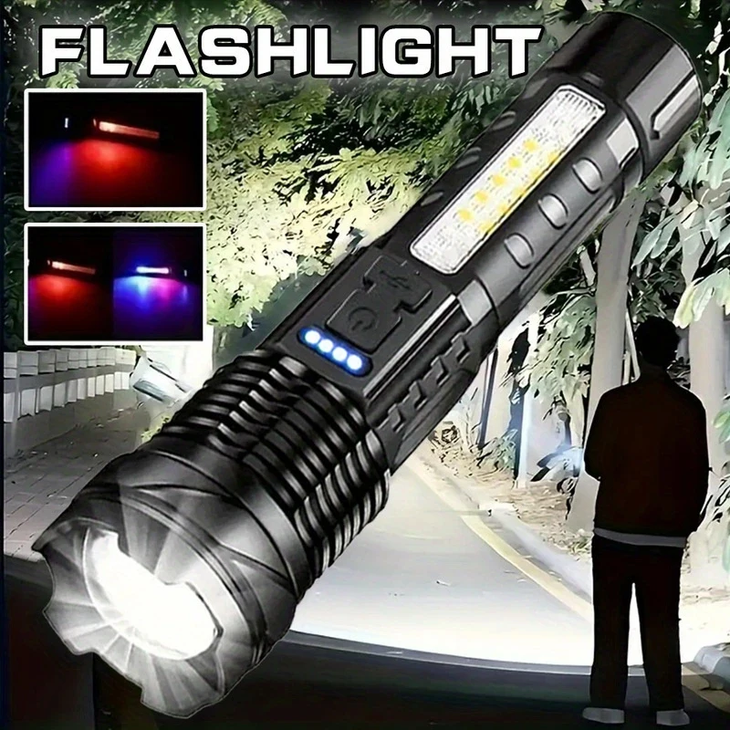 Super Bright LED Flashlights Tactical Emergency Spotlights with Built-in Battery USB Rechargeable Camping Telescopic Zoom Torch
