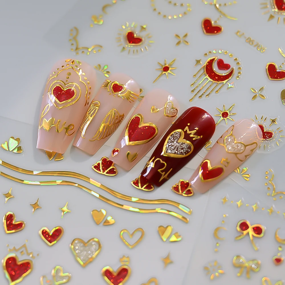 Autocollants pour ongles en forme de cœur doré, Laser 5D, rouge, paillettes, amour, breloques pour Nail Art, nœud papillon Y2K, curseur d'ongles, autocollants de manucure auto-adhésifs, 6 feuilles
