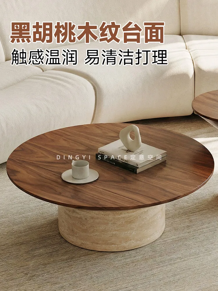 C13-medieval walnut color small apartment for home imitation travertine round living room solid wood coffee table