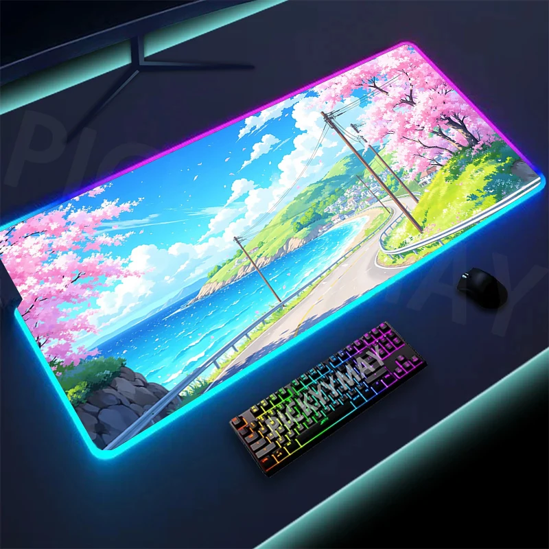 RGB LED Sakura Sea View Large Gaming Mouse Pad, Non-Slip Rubber Desk Mat, Waterproof Extended Keyboard Pad for PC Gamer