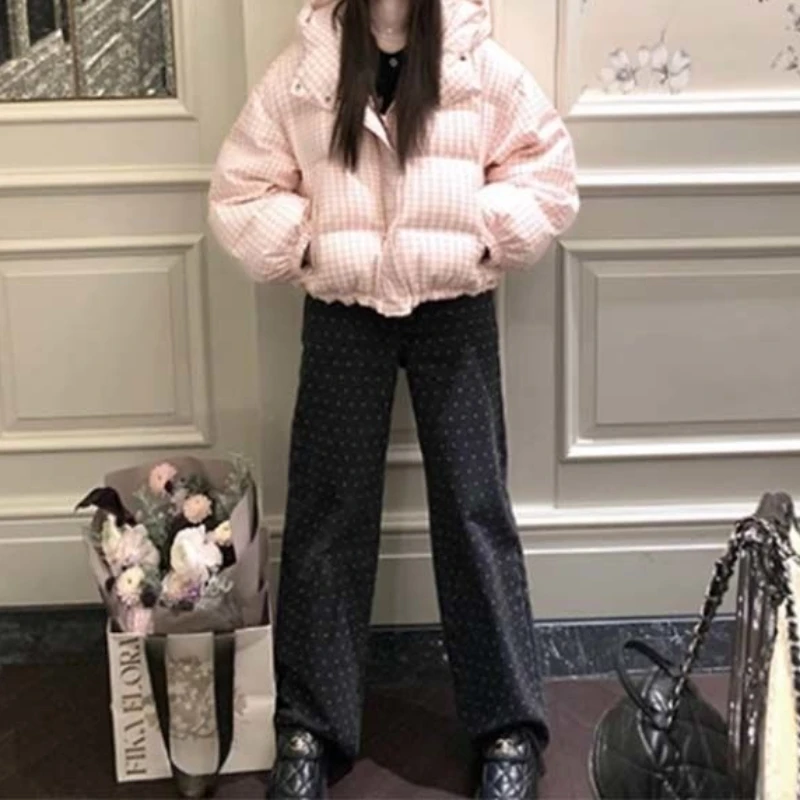 الشتاء أسفل الملابس القطنية المرأة الجديدة الوردي منقوشة فضفاضة صغيرة قصيرة مقنعين سترة #4