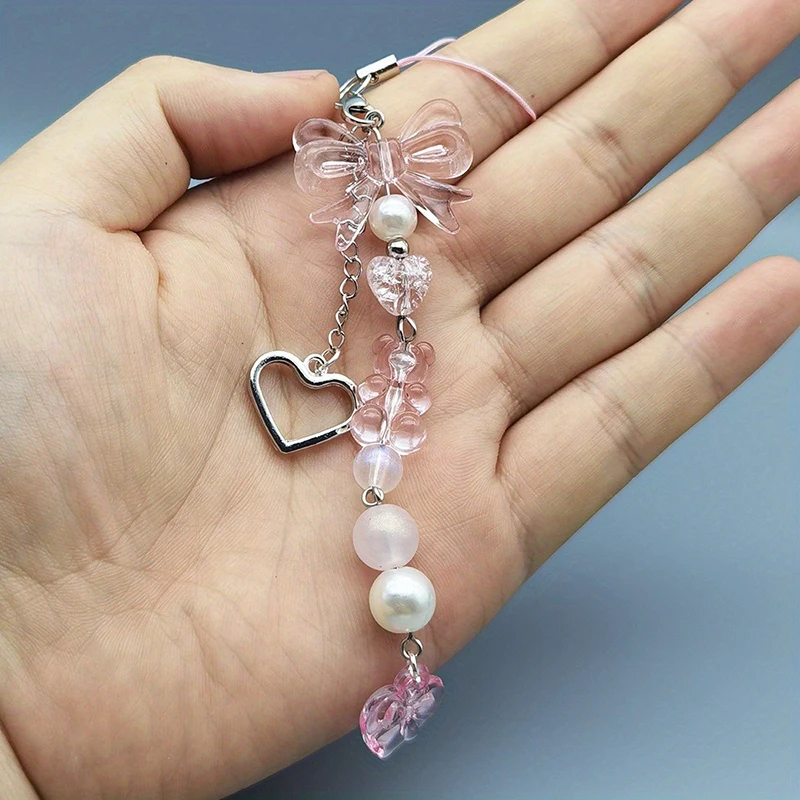Phone Charm Pink Silve Bow Heart Star Keychain Pendant Key Chain Bag Phone Chain Cute Accessory For Girls Women Jewelry - náhled 4