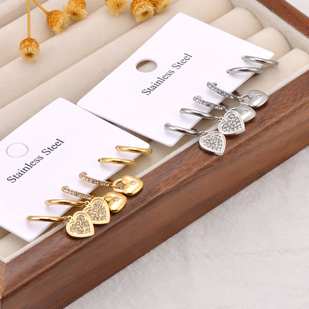 Lokaer 3 Paare/satz Edelstahl Strass Herz Schloss Ohrringe Für Frauen Wasserdicht Mode Ohrringe Schmuck Alem E25038