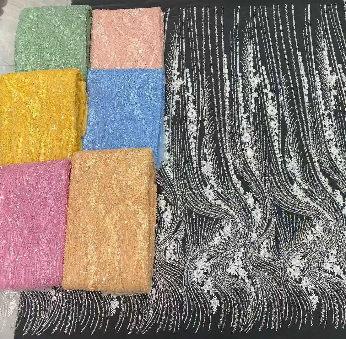 Latest African French Sequins Net Lace Fabric High Quality Embroidery Beaded Fabric 5 Yards for Women Wedding Party Dress