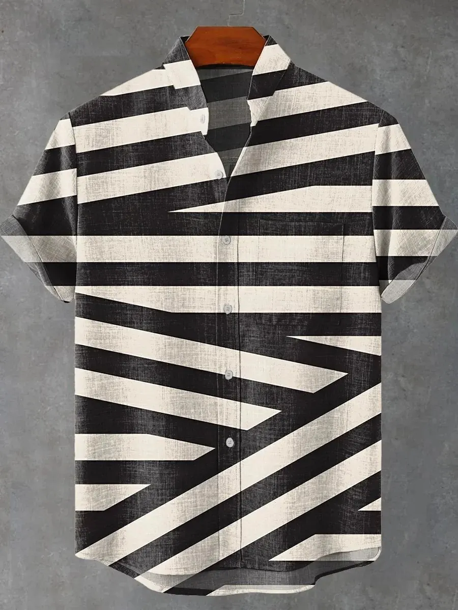 

Fashionable new color blocked art striped elegant pattern printed men's linen short sleeved shirt comfortable button up men's st