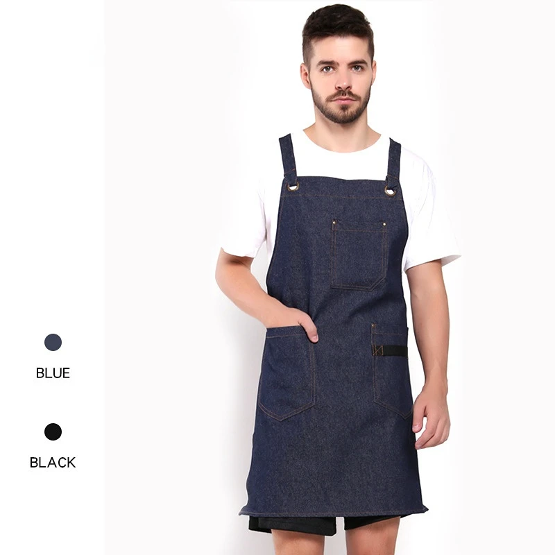 

Denim Apron Cotton Coffee Restaurant Barber Overalls Straps Antifouling with Pockets All-match Home Cleaning High Quality Custom