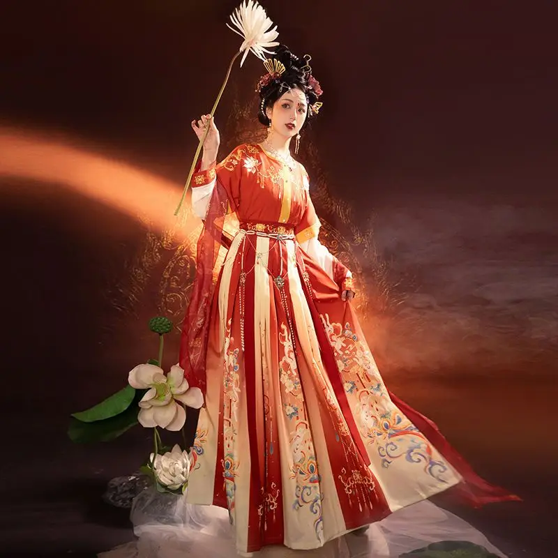 ‌ مجموعة Tang Dynasty Hanfu - تنورة عالية الخصر وشاح Dunhuang للرقص الشرقي للنساء