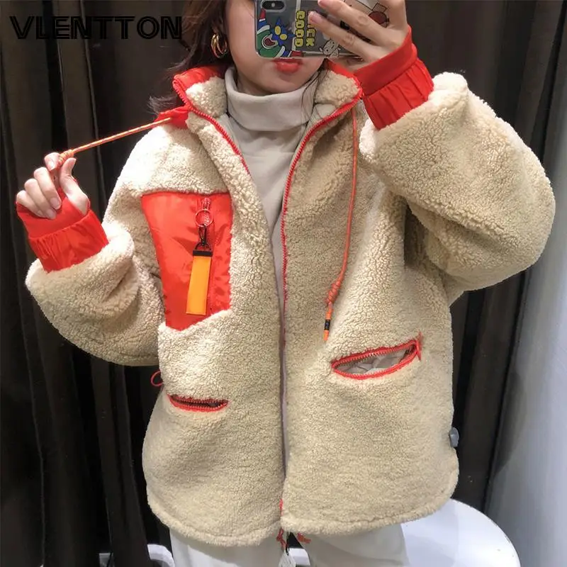 New Winter Thick Warm Lambswool Hooded Jacket Coat Women Casual Zipper Patchwork Loose Outwear Female Oversize Parkas Mujer