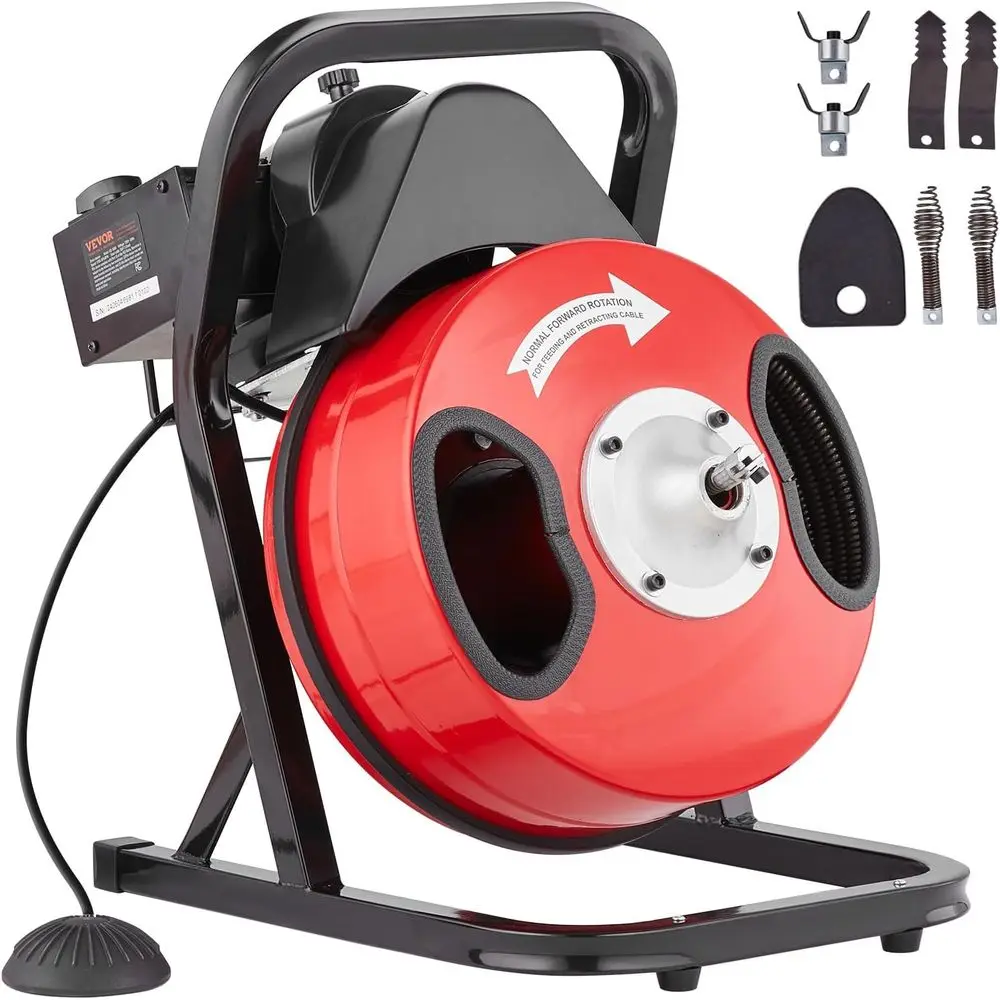 

Drain Cleaner Machine 50FT x 1/2 Inch, Manual Feed Sewer Snake Auger - with 4 Cutters & Air-activated Foot Switch for 2 to 4 Pip