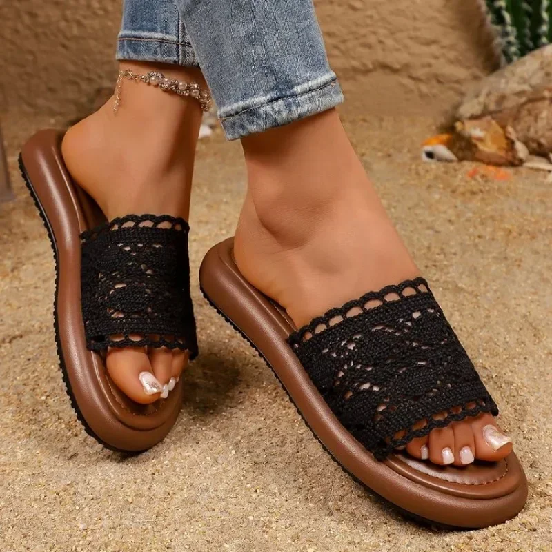 Strandurlaub Damen Flache Offene Sandalen Koreanischer Stil Ultra-Leder Material Täglicher Gebrauch Flacher Absatz Slip-On Sandalen