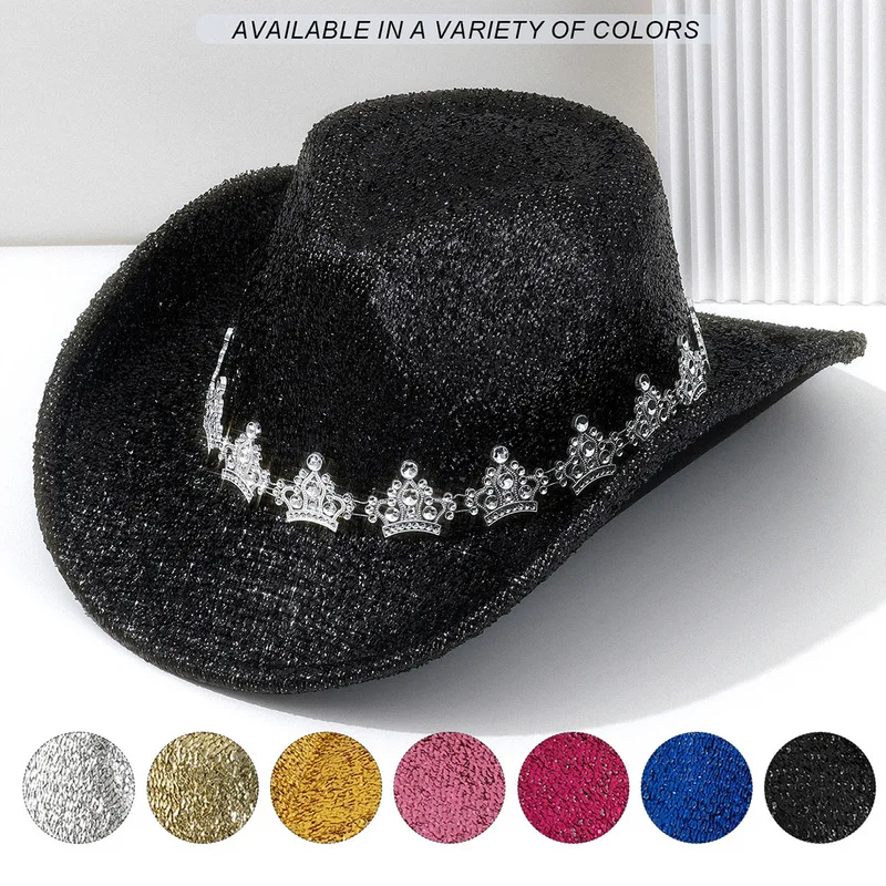Unisex, European and American style, elegant denim hat with exquisite, three-dimensional silver rhinestone crown embellishments,