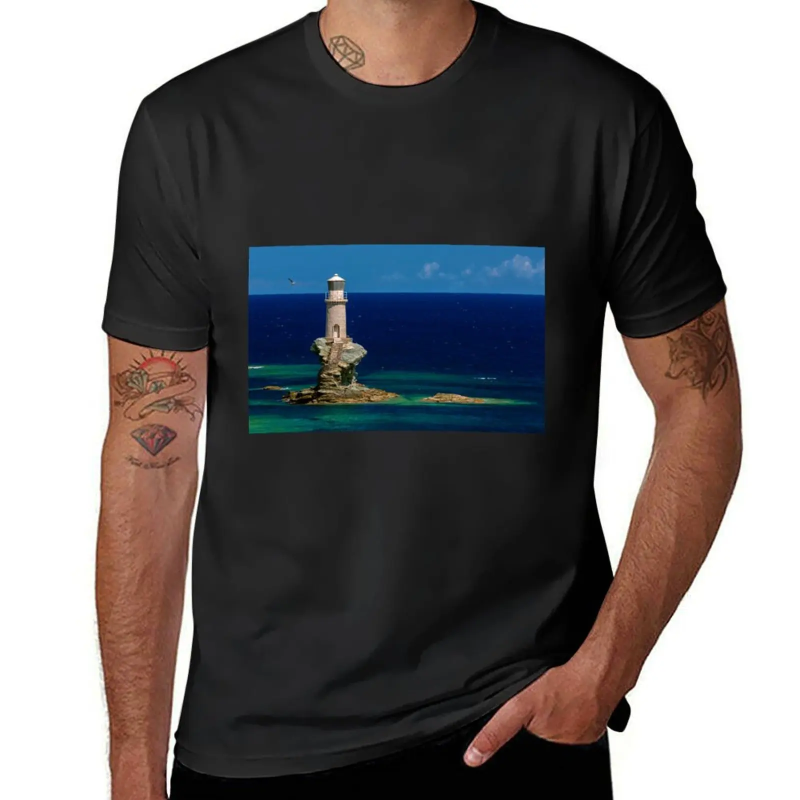 Lighthouse Tourlitis in Andros and a seagull T-Shirt Aesthetic clothing boys animal print quick drying T-shirt men