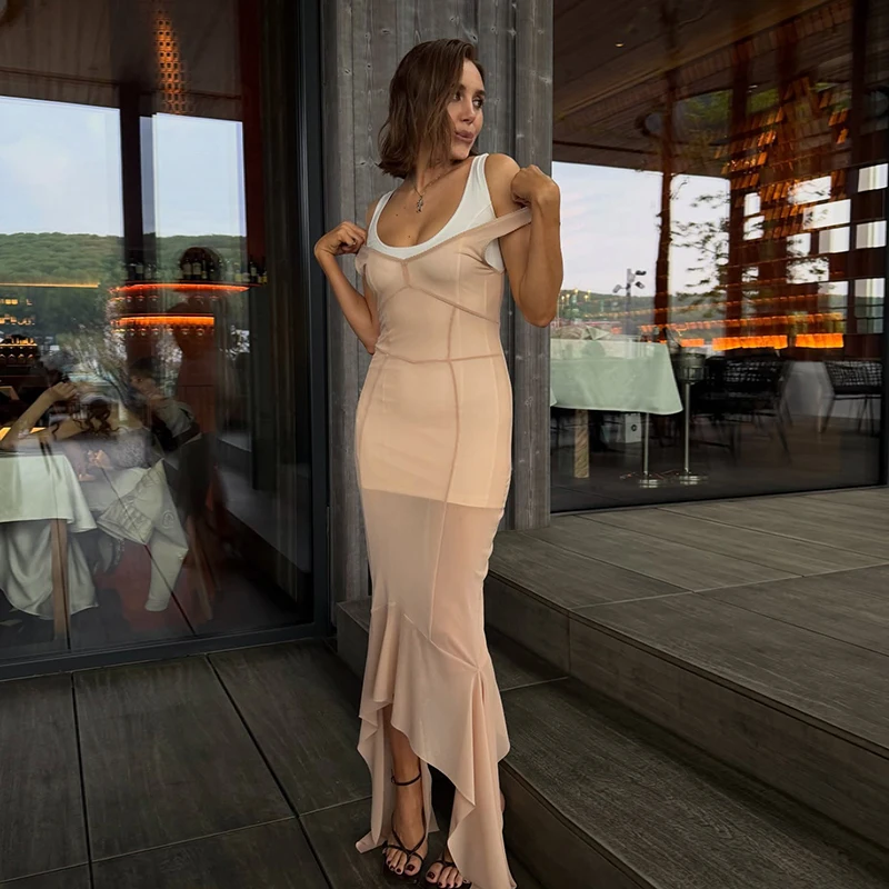 2026 Summer Sheer Mesh Overlay Spaghetti Strap Midi Dress Waist Cinched Sleeveless Women Accessories Versatile Chic Lady Outfit