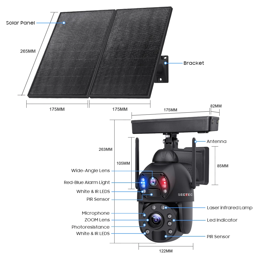 SECTEC  IP67 20X  Zoom Dual View Solar Battery  outdoor wifi solar camera WIFI PTZ Camera 4G security camera