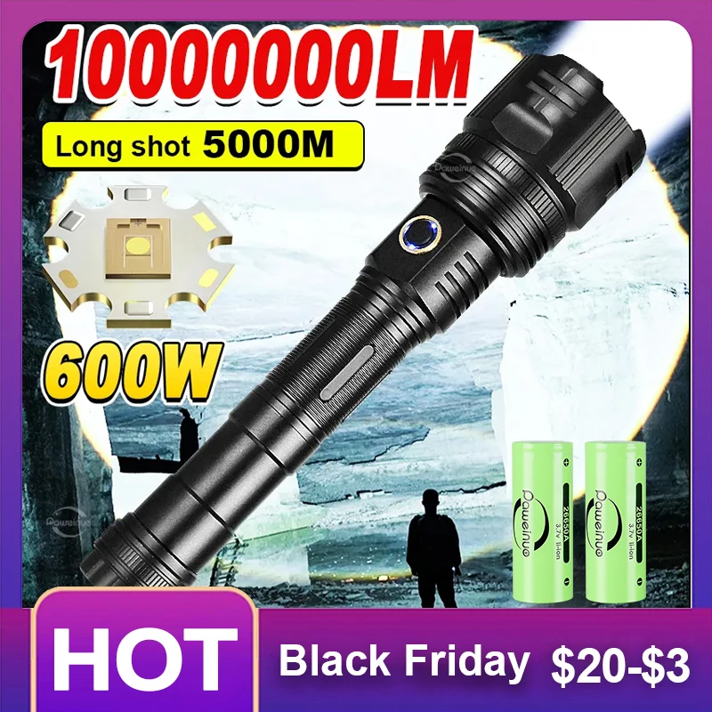 rechargeable flashlight 600w high power led flashlight xhp90 powerful torch usb tactical lantern zoom lighting 5000m 10000000lm 01