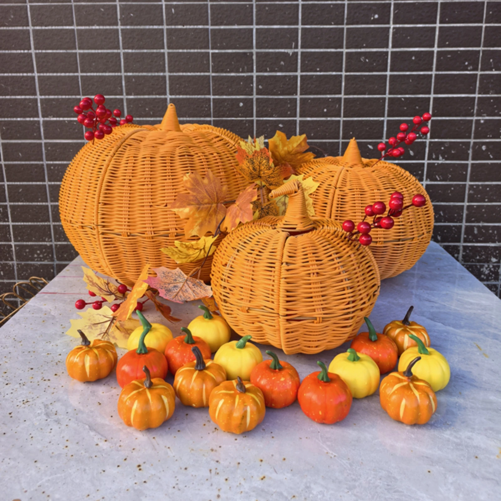 Stacked Pumpkin Orange Woven Pumpkin Pumpkins Rustic Sculpture Tall for Entryway, Porch