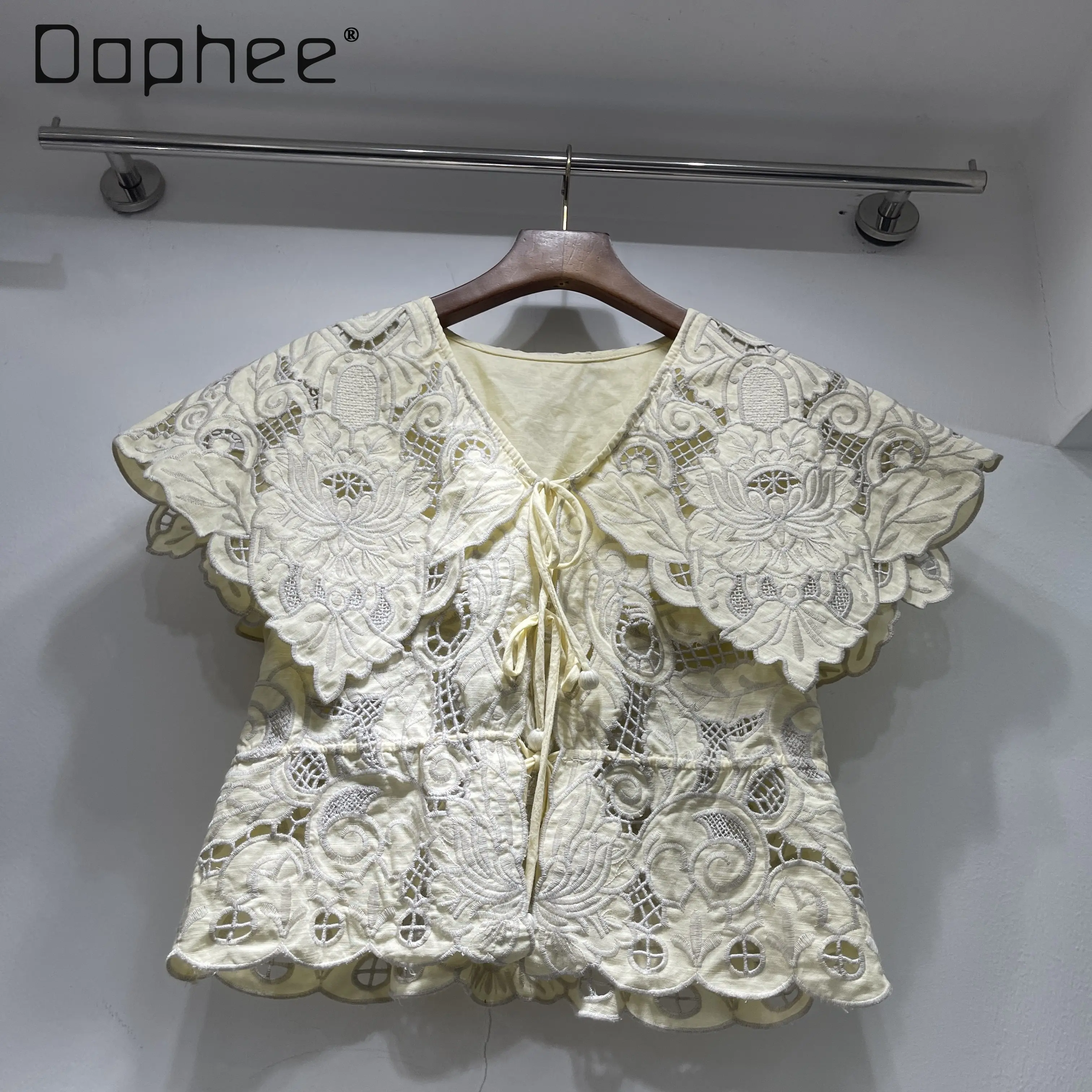 

2026 Spring Summer New French Niche Retro Heavy Craft Hollow Embroidery V-neck Tie Shawl Waist-cinching Shirt Top