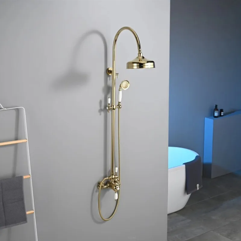 Shower Faucet Set Bathroom Classical Europe Style Brass Gold Chrome Wall Mounted Shower Faucet Set Ceramic Rainll Fall Show