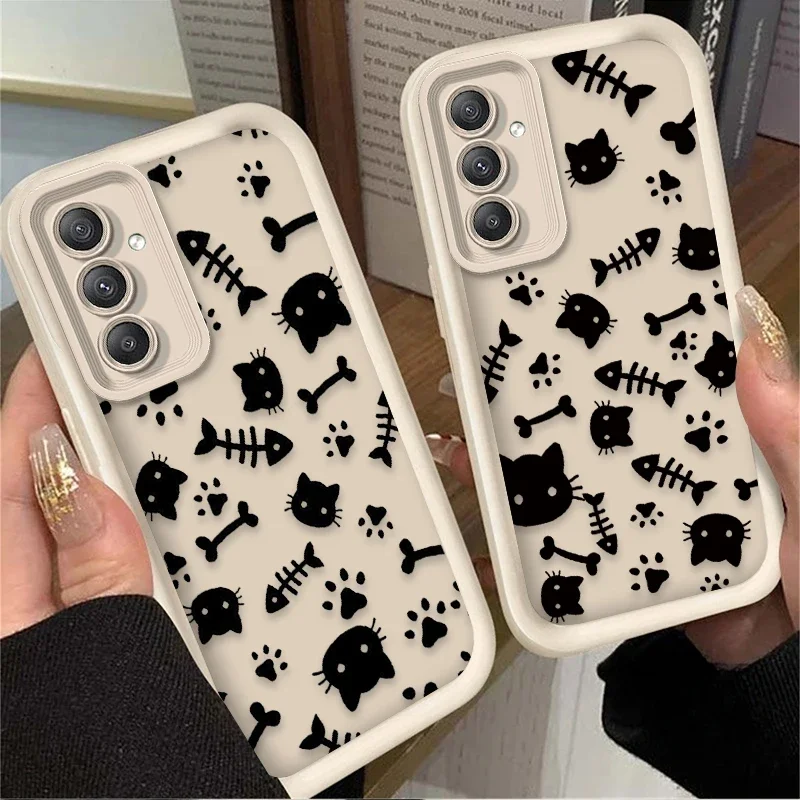 Printing Case for Samsung Galaxy A35 A55 A15 A25 A16 A06 A05 A05S A24 A13 A23 A12 A22 A32 A52 A71 A51 4G Cute Art Bone Black Cat