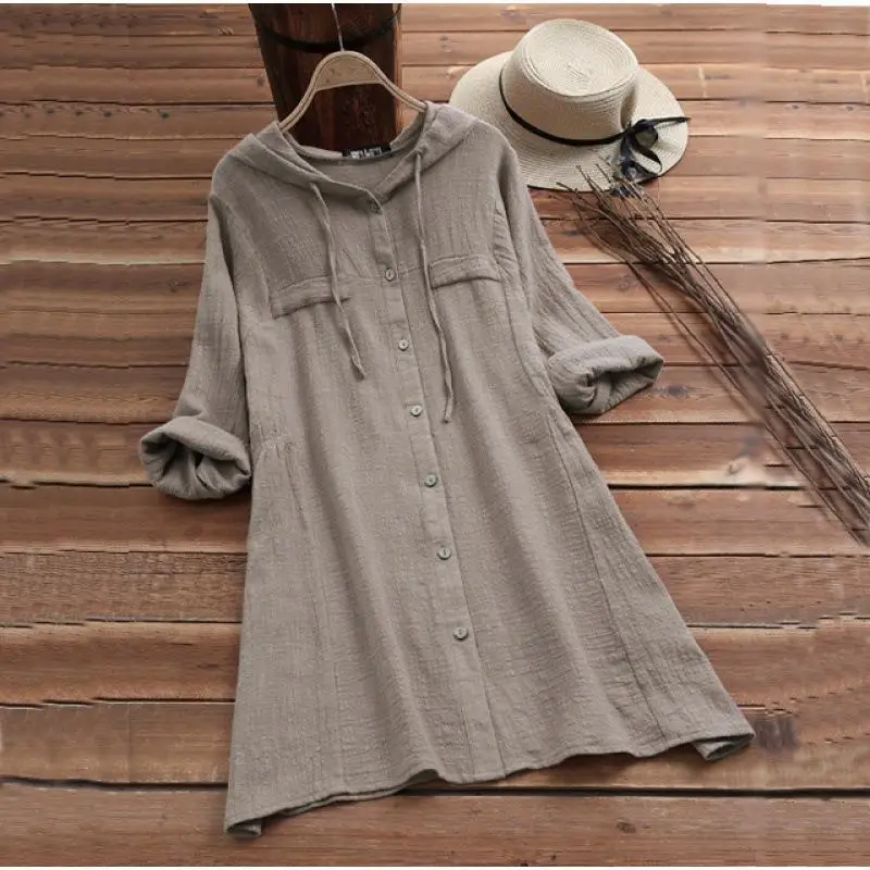 Damska bluzka z bawełny i lnu, długa, z kapturem, w stylu irt street, elastyczna, odporna na deformacje, w jednolitym kolorze, idealna na jesień.