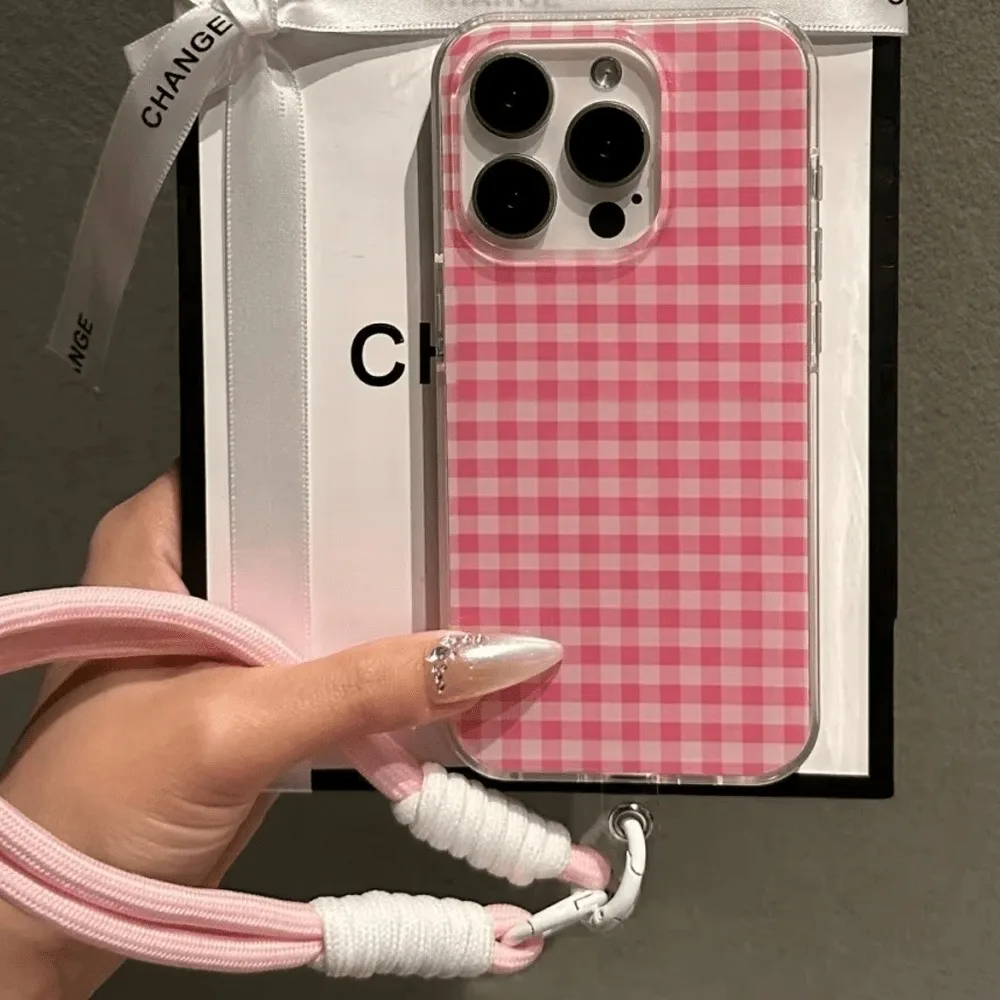 Pink Check Pattern With A Lanyard Phone Case For iPhone 17 16 15 14 13 12 11 Pro Max 16E 17Air X XR XS Max 7 8 Plus Soft Cover