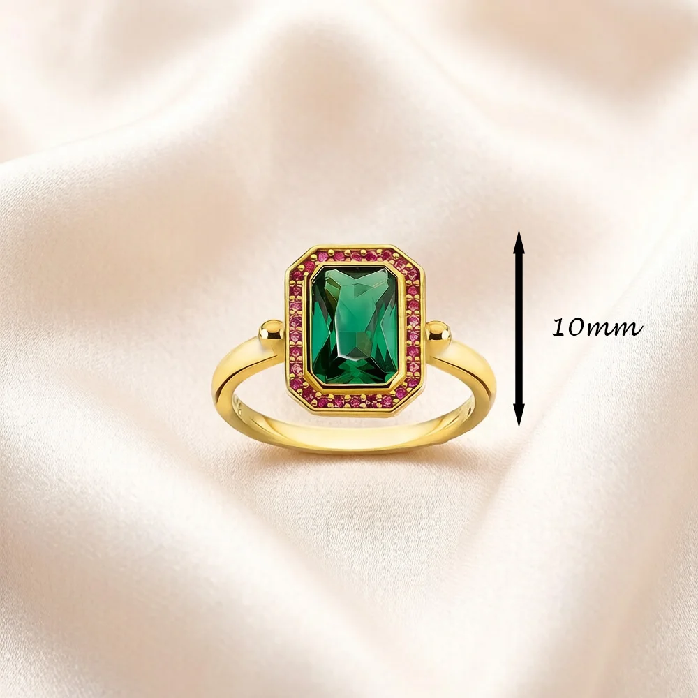 Goldener Ring mit roten und grünen Steinen, edler Schmuck für Damen, Frühling, brandneues Bohemia-Geschenk aus reinem 925er Sterlingsilber – Detail 2