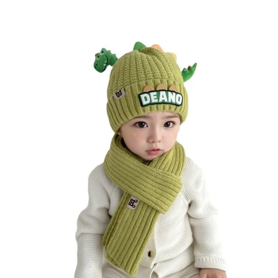 

Kids Dinosaur Knitted Hat Scarf Autumn Winter Warm Baby Beanie Outdoor Anti-cold Boys Girls Cap Scarves