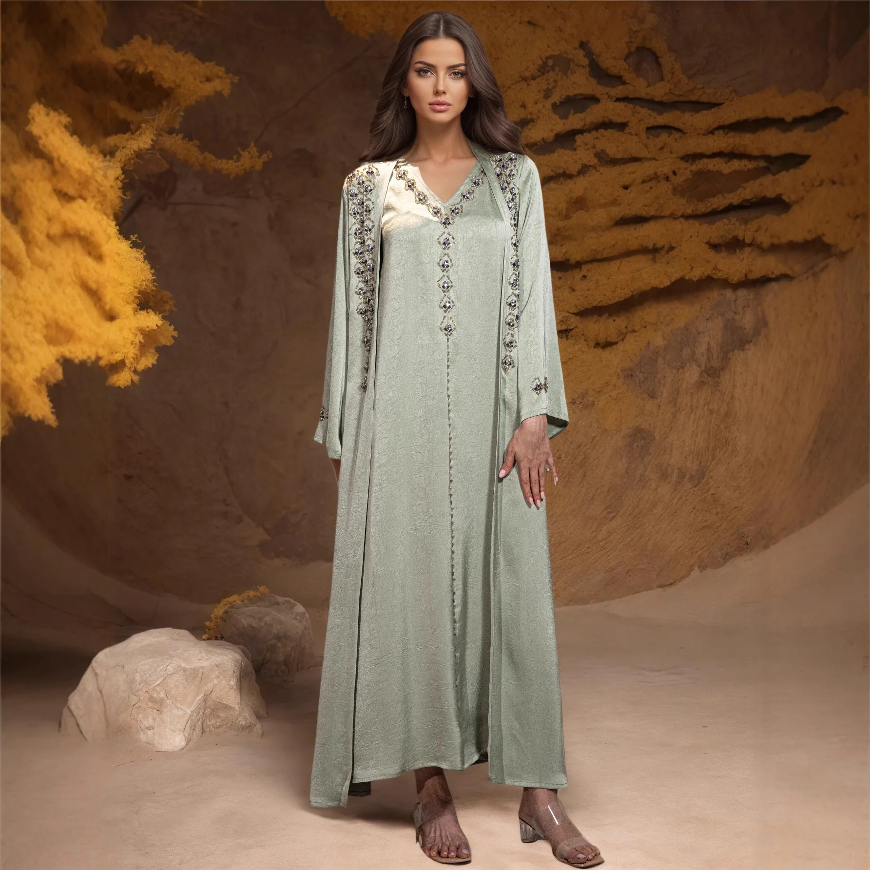 

Eid Dress Suit Women Muslim Party Open Abaya Dresses 2 Piece Sets Long Robe Jalabiya Diamonds Ramadan Vestidos Abayas Kaftan