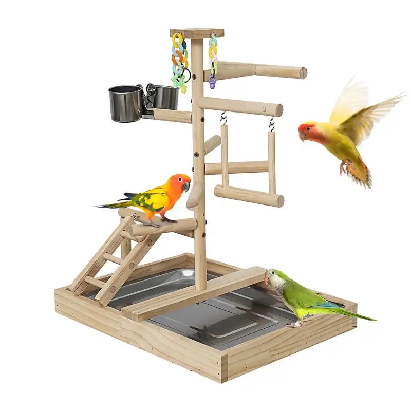 Parrot Play Gym Stand Claw Grinding Toy To Relieve Boredom Wood Bird Activity Swing Stairs Standing Pole Easy To Assemble