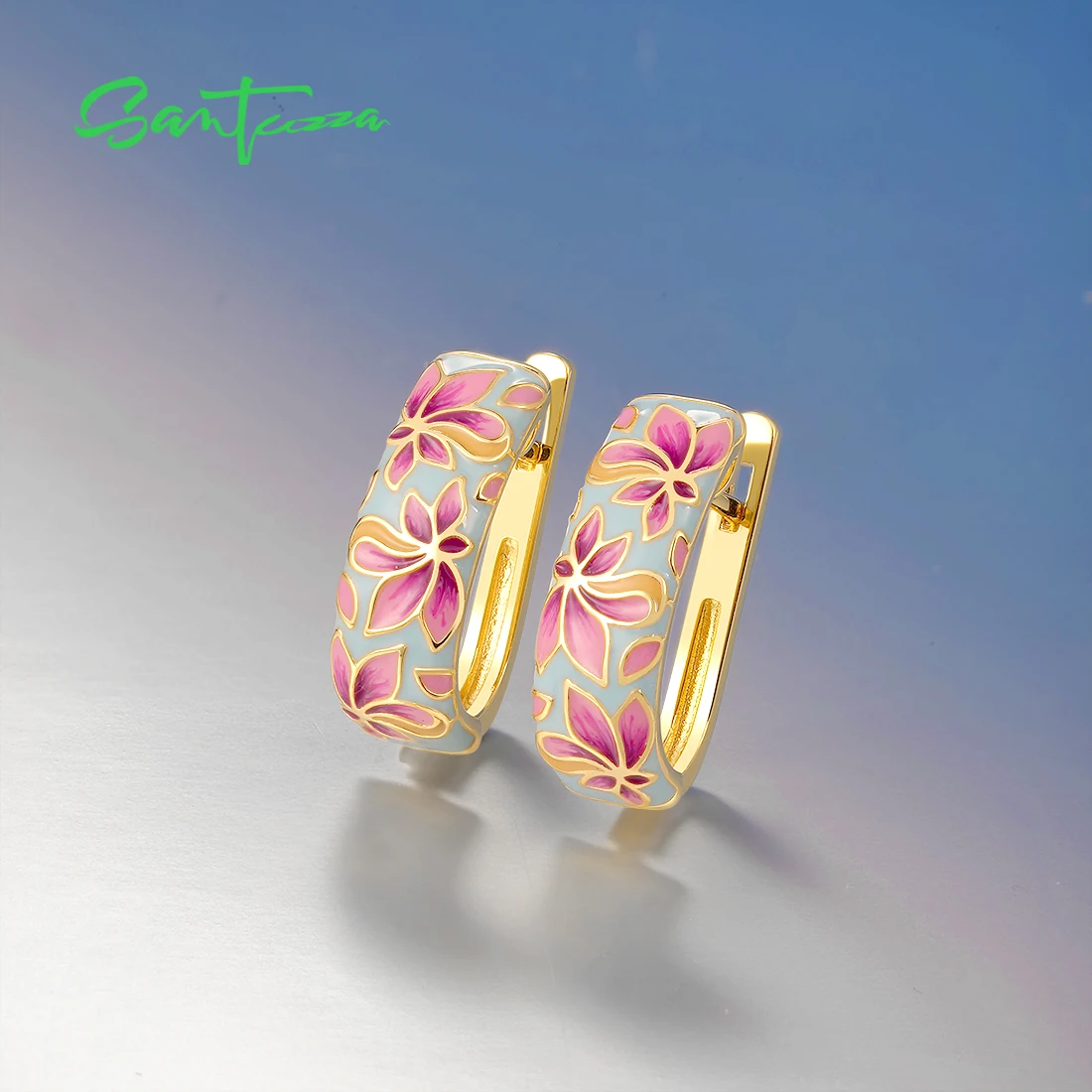 SANTUZZA Genuine 925 Sterling Silver Earrings For Women Vintage ‌Enamel Floral Delicate Pastel Clip-On Fine Jewelry Handmade