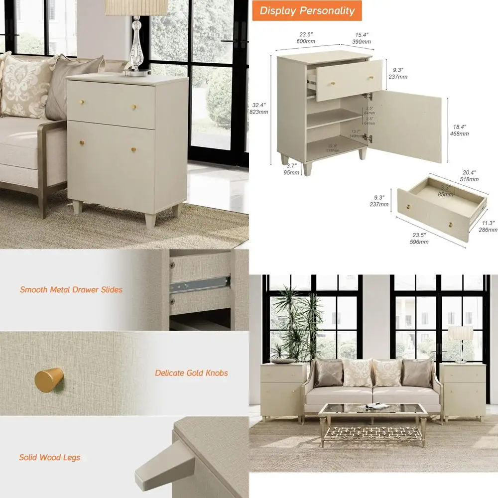 Contemporary Drawer and Door Side Table, Spacious Sofa Side Table, Wood Nightstand with Adjustable Shelf, Accent Furniture