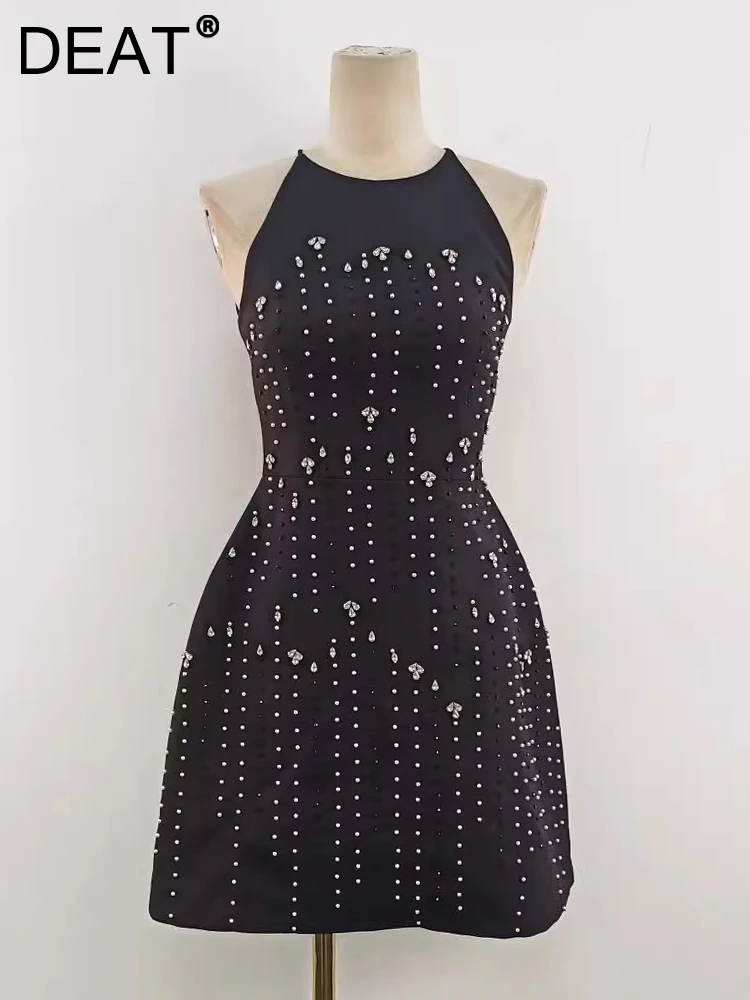 DEAT spliced Bead diamonds O-neck Sleeveless Women\'s Dress 2024 Autumn solid zipper High Waist Mini party Dresses New 13DL623