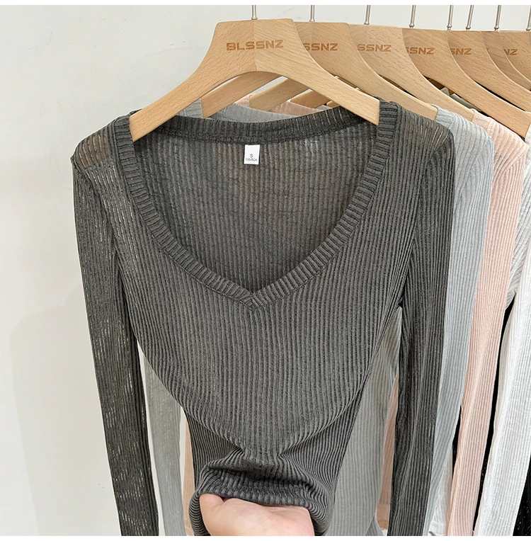 Zjaiss Damen T-Shirt mit V-Ausschnitt, Sonnenschutz, Langarm, Sommer 2026, Neuer Lazy-Style, Transparentes, Dünnes, Durchsichtiges Überwurf-Top – Detail 25