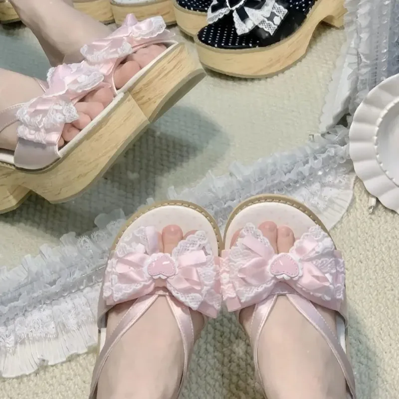 Sweet Bow Wood Grain Thick Bottom Platform Slippers Women Summer Japanese Cos Comfortable High Heeled Sandals view 5