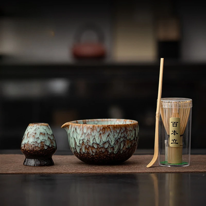 

Japanese-Style Glaze-Drip Matcha 4-Piece Set: Matcha Bowl, Song Dynasty Tea Whisk, Ceramic Bowl, Tea Brush, Whisk, Chasen