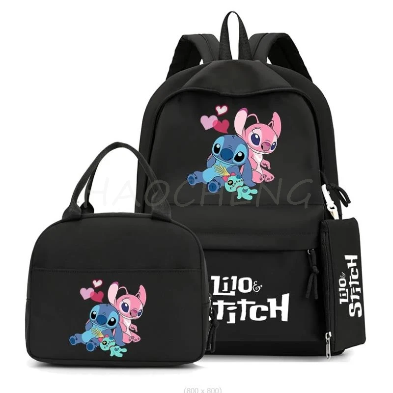 Tas punggung sekolah perempuan, ransel Disney Lilo Stitch warna-warni dengan tas makan siang untuk murid laki-laki perempuan remaja, Set tas sekolah kasual Wanita 3 buah/Set