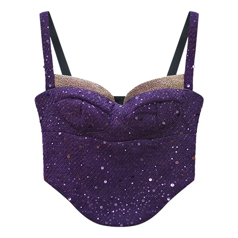 Perlen-Pailletten-Heißes Mädchen-Hosenträgerweste, hochwertige lila sexy Innenkrawatte