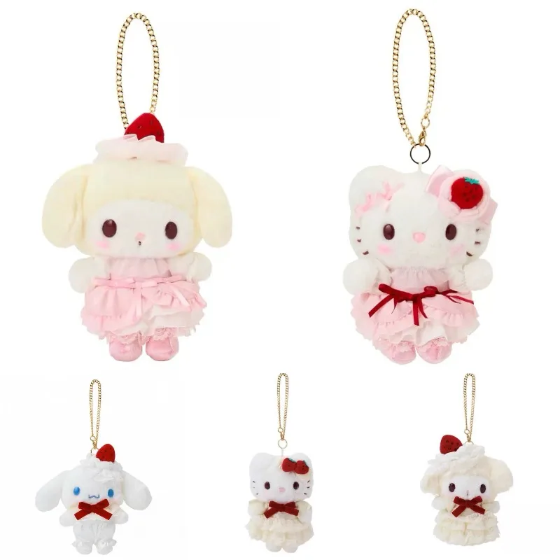 دمية محشوة على شكل كعكة الفراولة من سانريو، قلادة على شكل هيلو كيتي بفراولة بيضاء، ألعاب حيوانات محشوة للتعليق