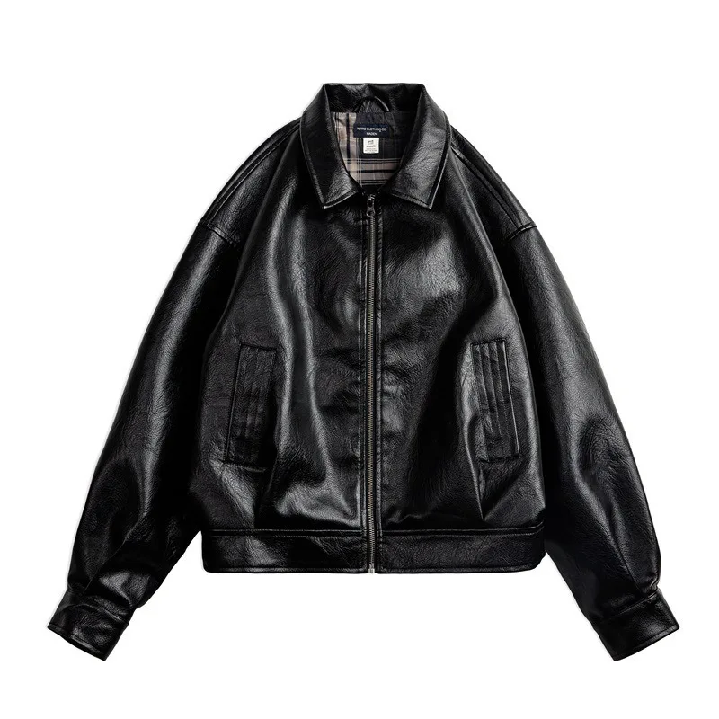 Women's Retro Black Leather Jacket Short Motorcycle Style Jackets Lapels with Metal Buttons Autumn Spring Commute Women Coat
